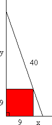 A 40 meter ladder resting against a building and upon a 9 meter cubed annex. Let the vertical distance from the top of the annex to where the ladder touches the wall be y. Let the horizontal distance of the bottom of the ladder from the annex be x.