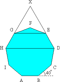 Regular nonagon ABCDEFGHI, showing diagonals DH and EG. DE and HG are continued, to meet at X.