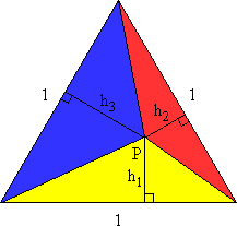 Equilateral triangle containing point P, and divided into three triangles, as described above.