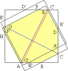 Intersecting squares, as described above, with diagonals AE and CG. A translation of square 2 is superimposed on the diagram.