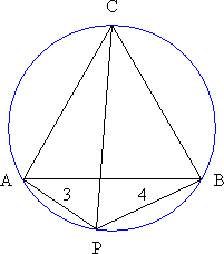 Equilateral triangle ABC, with point P such that AP = 3 and BP = 4.