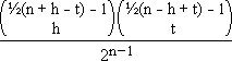 C((n + h - t)/2 - 1, h) * C((n - h + t)/2 - 1, t)/2^(n-1)
