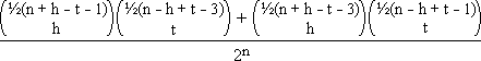(C((n + h - t - 1)/2, h) * C((n - h + t - 3)/2, t) + C((n + h - t - 3)/2, h) * C((n - h + t - 1)/2, t))/2^n